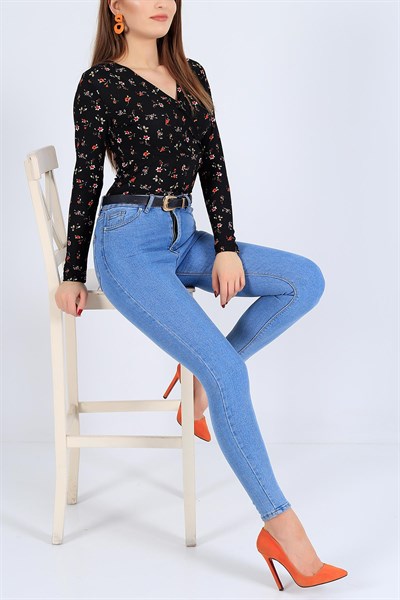 Kruvaze Yaka Likralı Siyah Bluz 26041B