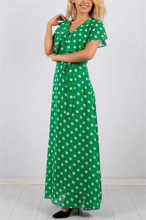 Kruvaze Yaka Puantiyeli Yeşil Bayan Elbise 8681B
