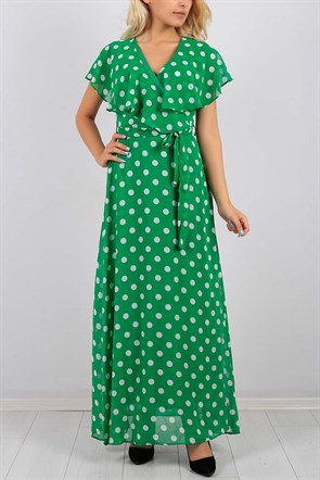 Kruvaze Yaka Puantiyeli Yeşil Bayan Elbise 8681B