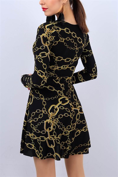 Kruvaze Yaka Siyah Bayan Desenli Elbise 11929B