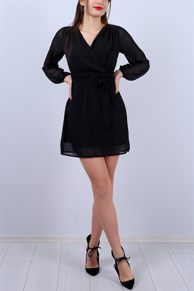 Kruvaze Yaka Siyah Bayan Şifon Elbise 11686B