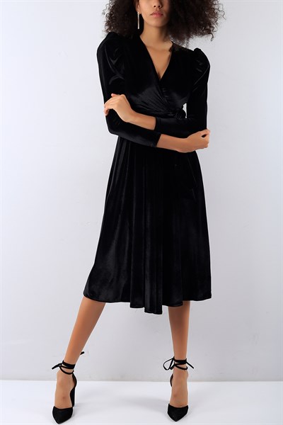 Kruvaze Yaka Siyah Kadife Elbise 19693B