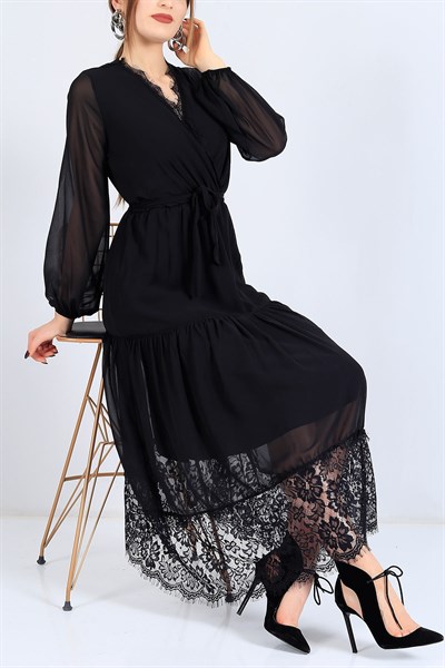 Kruvaze Yaka Siyah Şifon Tasarım Elbise 25145B