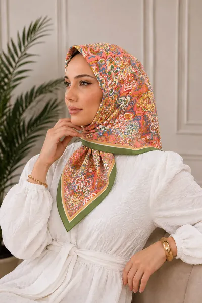Küf Yeşil 95x95 Cm Dijital Baskılı Valencia Desen Soft Eşarp 473341