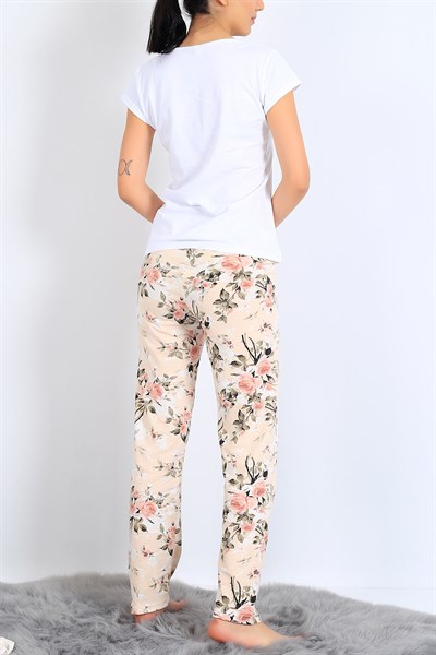 Kuğu Baskılı Beyaz Bej Pijama Takımı 25502B