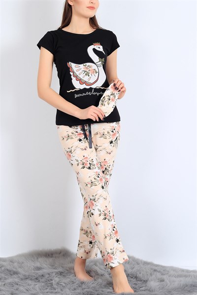 Kuğu Baskılı Siyah Bej Pijama Takımı 25504B
