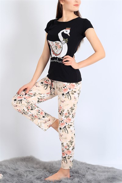 Kuğu Baskılı Siyah Bej Pijama Takımı 25504B