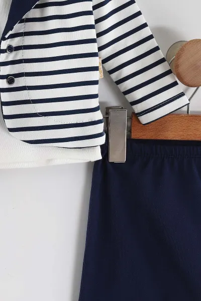 Lacivert (0-9 Ay) Timsah Nakışlı Badili Çizgili Ceketli  Erkek Bebek 3'lü Takım 456368