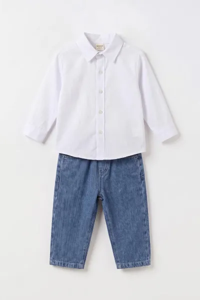 Lacivert (1-4 Yaş) Gömlekli 2 İp Çizgili Sweatli ve Kot Pantolonlu Erkek &Bebek Çocuk 3'lü Takım 495359