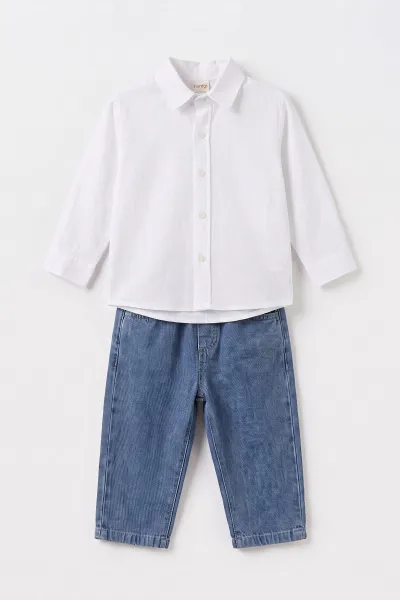 Lacivert (1-4 Yaş) Gömlekli 2 İp Sweatli ve Kot Pantolonlu Erkek &Bebek Çocuk 3'lü Takım 495356