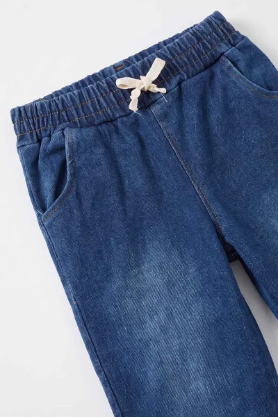 Lacivert (1-5 Yaş) Ayı Nakışlı Yakası Patlı 3 İp Şaedonlu Sweatli Kot Pantolonlu Erkek Çocuk Takım 490701