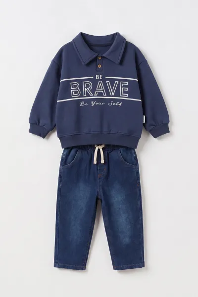 Lacivert (1-5 Yaş) Brave Baskılı Yaka Patlı 3 İp Şardonlu Sweatli Kot Pantolonlu Erkek Çocuk Kışlık Takım 496207