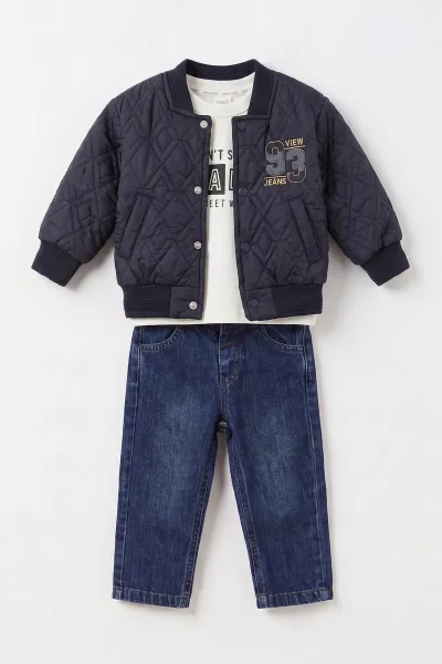 Lacivert (1-5 Yaş) Nakışlı Mont Pantolon Sweatshirt 3 lü Erkek Çocuk Takım 495908