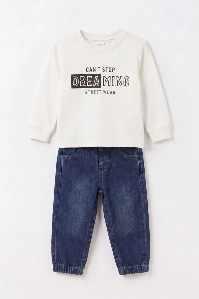 Lacivert (1-5 Yaş) Nakışlı Mont Pantolon Sweatshirt 3 lü Erkek Çocuk Takım 495908