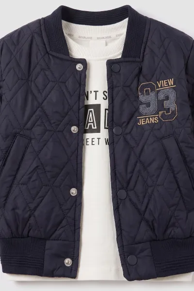 Lacivert (1-5 Yaş) Nakışlı Mont Pantolon Sweatshirt 3 lü Erkek Çocuk Takım 495908