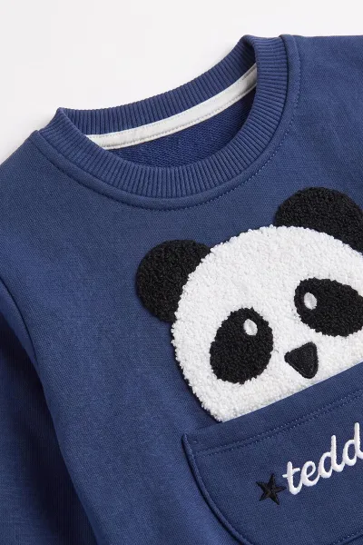 Lacivert (1-5 Yaş) Panda Nakışlı Cep Detay 3 İp Şardonlu Erkek Çocuk Kışlık Takım 486835