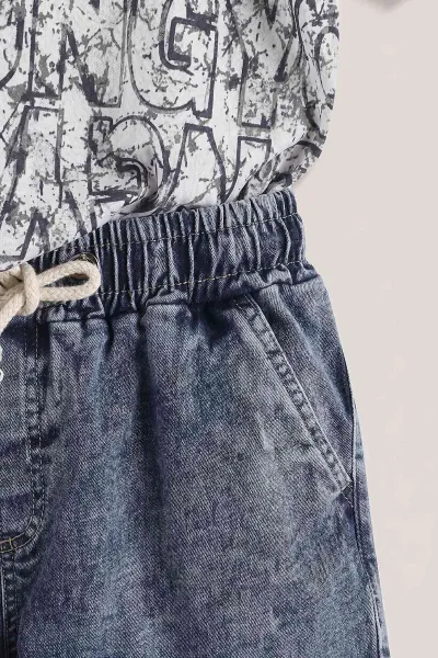 Lacivert (1-9 Yaş) Harf Baskılı Polo Yaka Tişörtlü Kot Şortlu Erkek Çocuk Yazlık Takım 459883