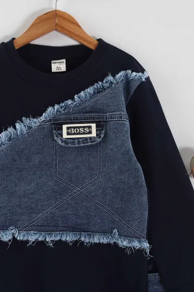 Lacivert (1-9 Yaş ) Kot Detay Sweatli Kot Pantolonlu Kız Çocuk 2'li Takım 440113