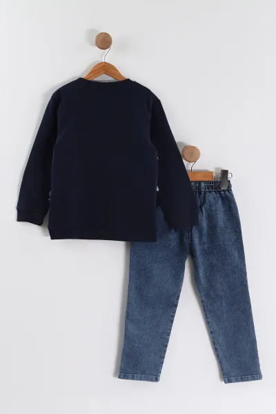 Lacivert (1-9 Yaş ) Kot Detay Sweatli Kot Pantolonlu Kız Çocuk 2'li Takım 440113