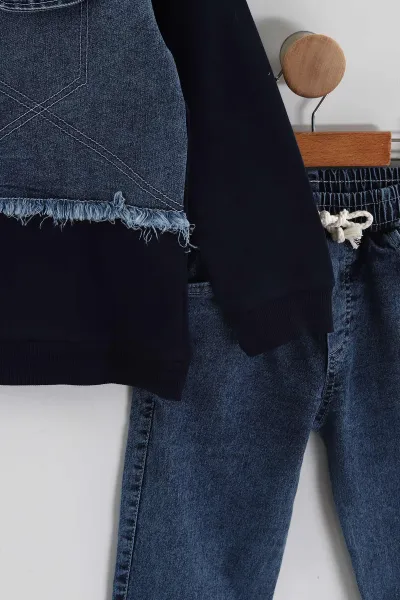 Lacivert (1-9 Yaş ) Kot Detay Sweatli Kot Pantolonlu Kız Çocuk 2'li Takım 440113