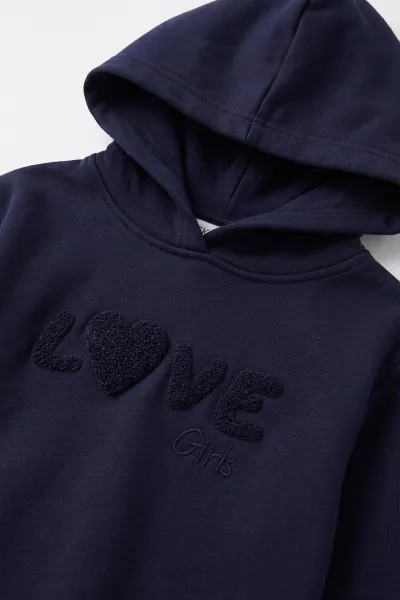 Lacivert (1-9 Yaş) Love Nakışlı Kapüşonlu  3 İp Şardonlu Kız Çocuk Kışlık Takım 482832