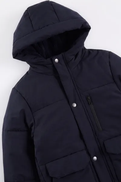 Lacivert (10-14 Yaş) Kapüşonlu İçi Kürklü Erkek Çocuk Mont 499759