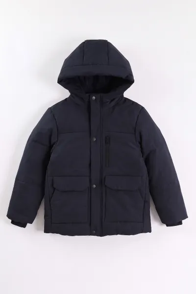 Lacivert (10-14 Yaş) Kapüşonlu İçi Kürklü Erkek Çocuk Mont 499759