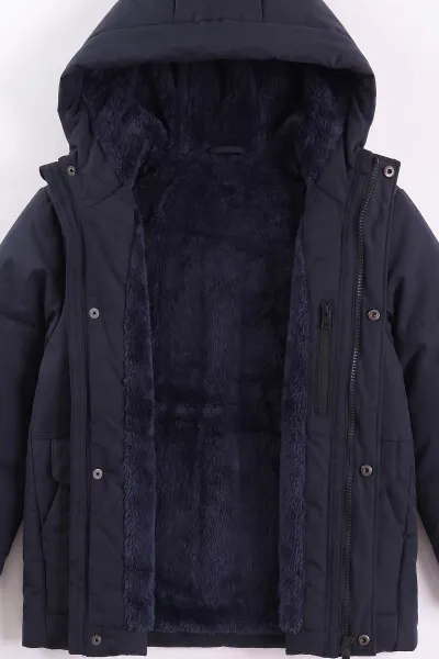 Lacivert (10-14 Yaş) Kapüşonlu İçi Kürklü Erkek Çocuk Mont 499759