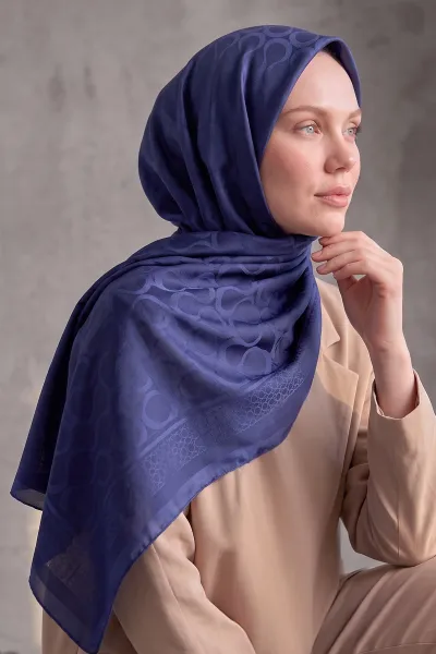 Lacivert 100x100 Cm Bloom İpeksi Premium Pano Jakar Eşarp 494377
