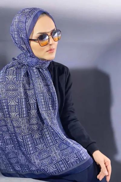 Lacivert 180X70 cm Dijital Baskı Retro Desenli Pamuk Şal 335048