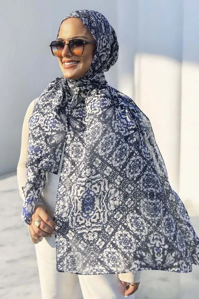 Lacivert 180X70 Cm Dijital Baskı Stella Desenli Pamuk Vual Şal 373170
