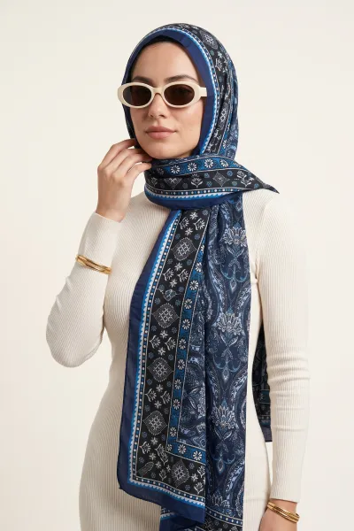 Lacivert 180x70 Cm Our Fashion Dijital Baskılı Desenli Bambu Kraş Şal 488548