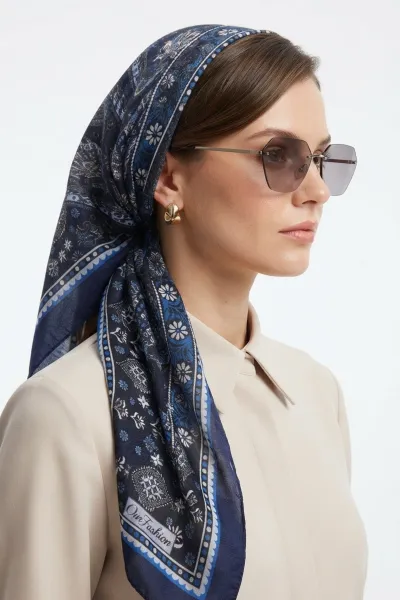 Lacivert 180x70 Cm Our Fashion Dijital Baskılı Desenli Bambu Kraş Şal 488548
