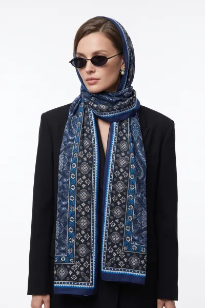 Lacivert 180x70 Cm Our Fashion Dijital Baskılı Desenli Bambu Kraş Şal 488548