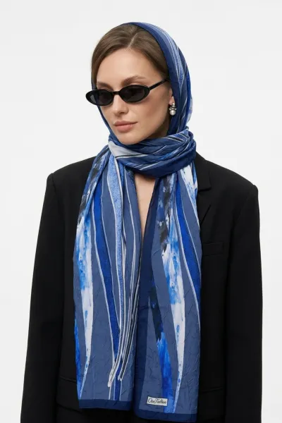 Lacivert 180x70 Cm Our Fashion Dijital Baskılı Desenli Bambu Kraş Şal 488554