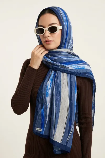 Lacivert 180x70 Cm Our Fashion Dijital Baskılı Desenli Bambu Kraş Şal 488554
