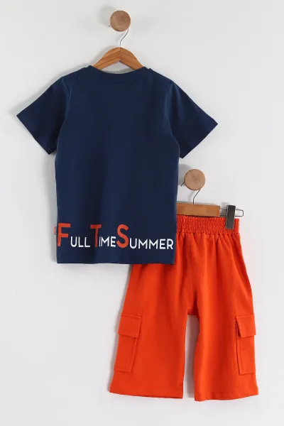 Lacivert (2-10 Yaş) Full Time Summer Baskılı Cep Detaylı  Şortlu Penye Erkek Çocuk Yazlık Takım 437847