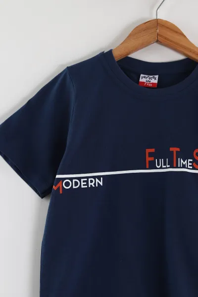 Lacivert (2-10 Yaş) Full Time Summer Baskılı Cep Detaylı  Şortlu Penye Erkek Çocuk Yazlık Takım 437847