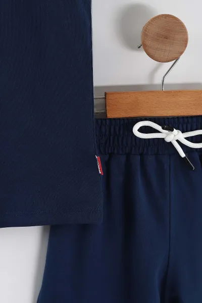 Lacivert (2-10 Yaş) Ön Arka Baskılı Sıfır Kol Dikiş Detaylı ve Şortlu Süprem Erkek Çocuk Yazlık Takım 446462