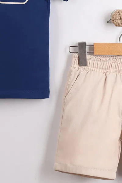 Lacivert (2-10  Yaş) Polo Yaka Cool Boy Baskılı Tişörtlü Gabardin Şortlu Erkek Çocuk Yazlık 2'li Takım 454616