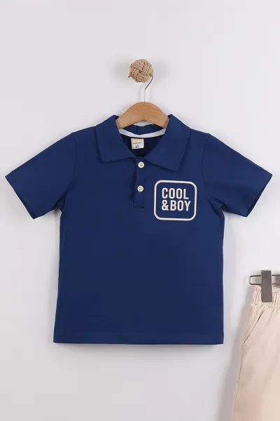 Lacivert (2-10  Yaş) Polo Yaka Cool Boy Baskılı Tişörtlü Gabardin Şortlu Erkek Çocuk Yazlık 2'li Takım 454616