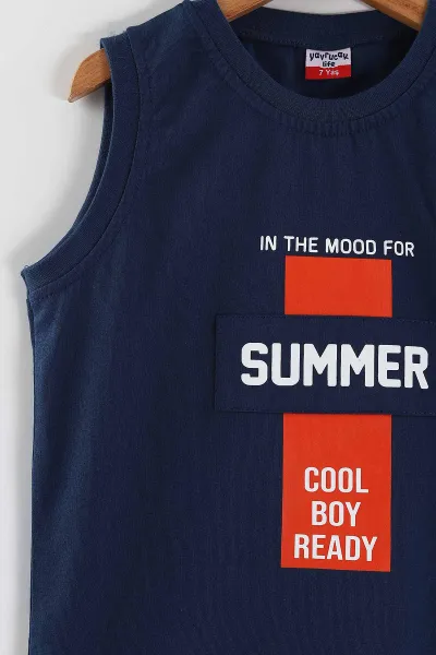 Lacivert (2-10 Yaş) Summer Baskılı Sıfır Kol   ve Şortlu Süprem Erkek Çocuk Yazlık Takım 446476