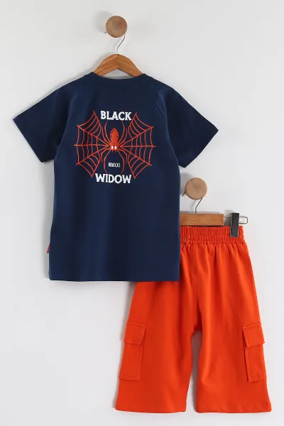 Lacivert (2-10 Yaş)Black Widow Baskılı Cepli  Şortlu Penye Erkek Çocuk Yazlık Takım 437747