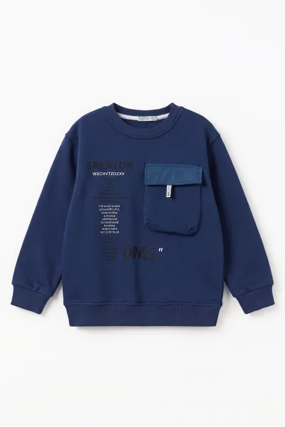 Lacivert (2-12 Yaş) Baskılı Cep Detaylı 3 İp Şardonlu Erkek Çocuk Sweatshirt 499658
