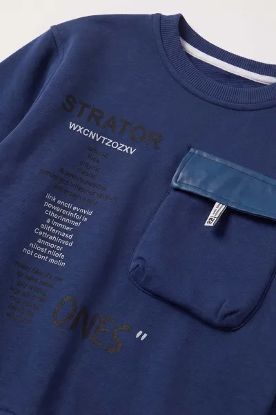 Lacivert (2-12 Yaş) Baskılı Cep Detaylı 3 İp Şardonlu Erkek Çocuk Sweatshirt 499658
