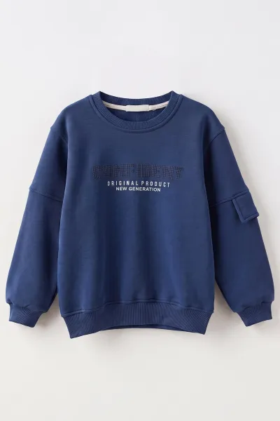 Lacivert (2-12 Yaş) Confident Kabartma Baskılı 3 İp Şardonlu Erkek Çocuk Sweatshirt 486880