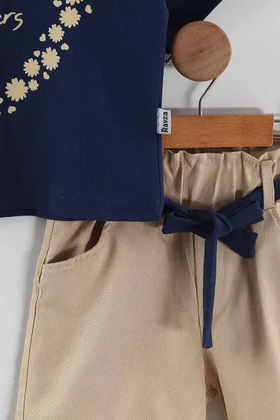 Lacivert (2-5 Yaş) Flowers Baskılı Süprem Tişörtlü Gabardin Şortlu Kız Çocuk Yazlık Takım 445569