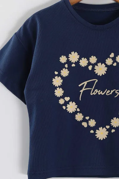 Lacivert (2-5 Yaş) Flowers Baskılı Süprem Tişörtlü Gabardin Şortlu Kız Çocuk Yazlık Takım 445569