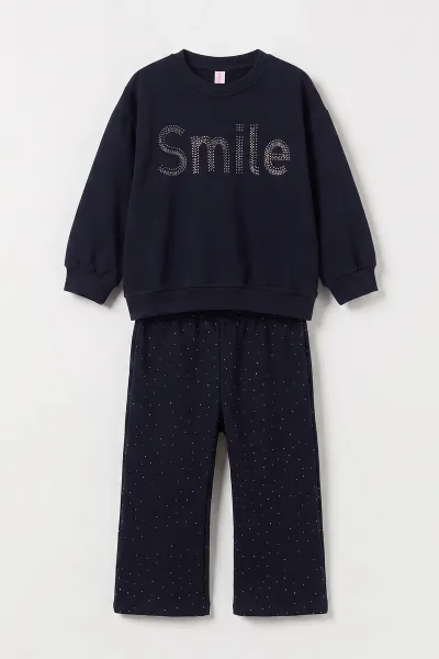 Lacivert (2-5 Yaş) Smile Baskılı Taşlı Kız Çocuk Takım 475955