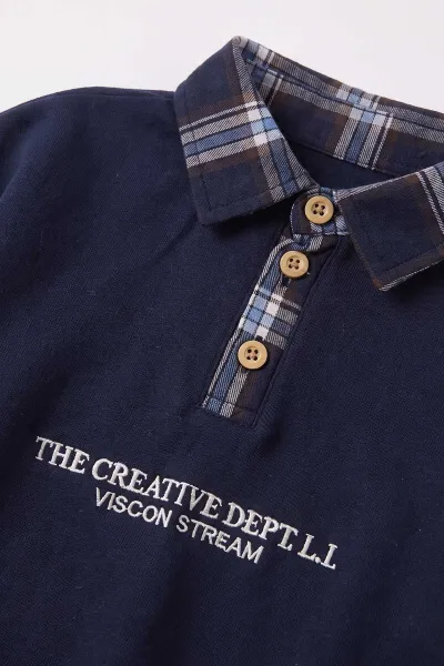 Lacivert (2-6 Yaş) Ekose Yakalı Nakışlı Gömlek Yaka 2 İp Sweatli Gabardin Pantolonlu Erkek Çocuk Takım 497255